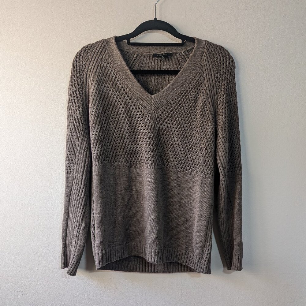 Lafayette 148 Taupe Brown Open Knit Cashmere Cotten Blend V-Neck Sweater Size Sm